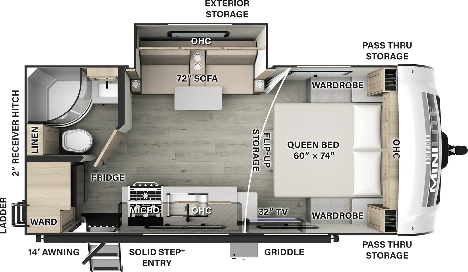 The Rockwood Mini Lite 2109S has one entry and one slide out. Exterior features include: fiberglass exterior and 14' awning. Interiors features include: front bedroom.